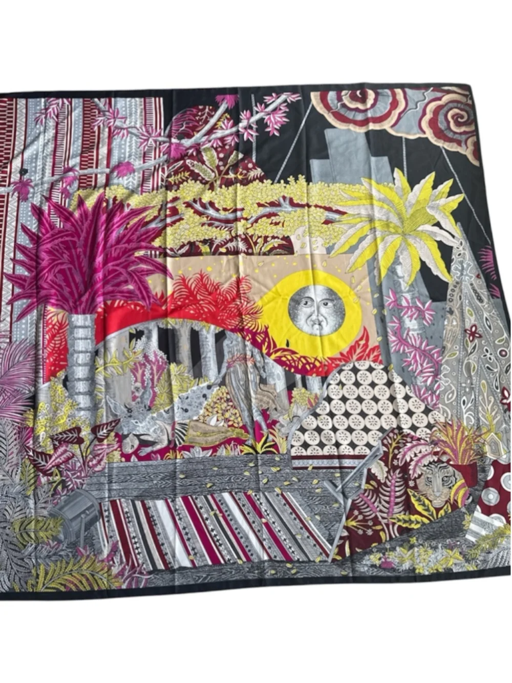 100% Silk Square Scarf 90cm Jungle Sun Tiger Maximalist Print Black Pink Gold
